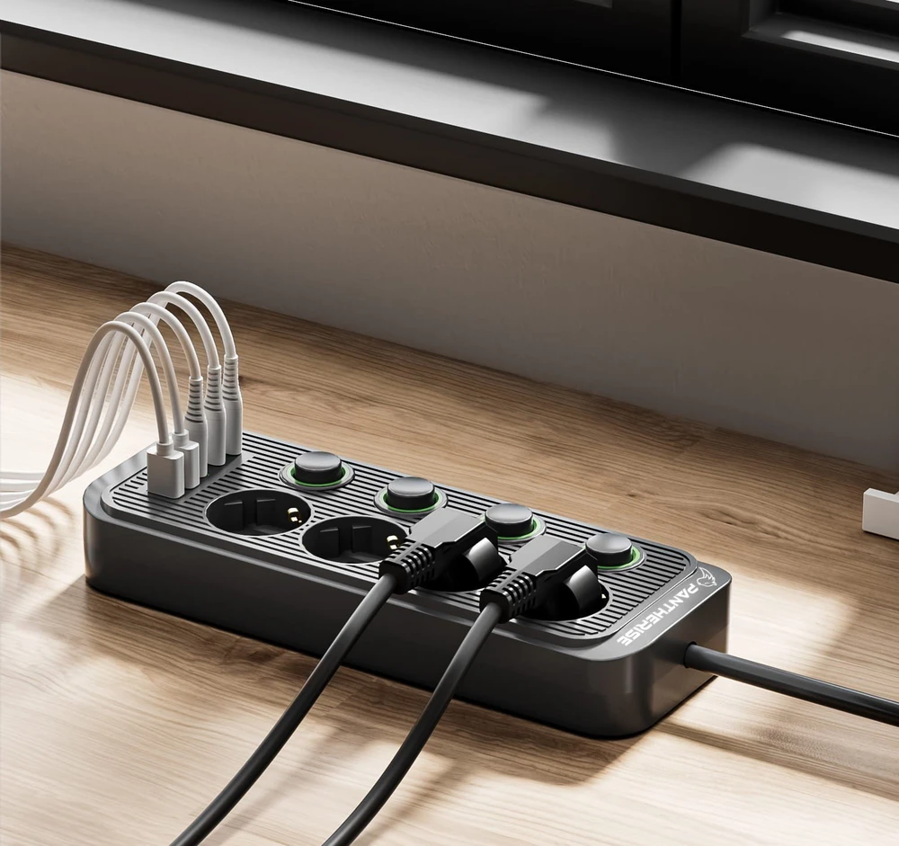 Ilgintuvas Pantherise, 4 lizdai, 2x USB-A, 3x USB-C, atskiri jungikliai, 5 m
