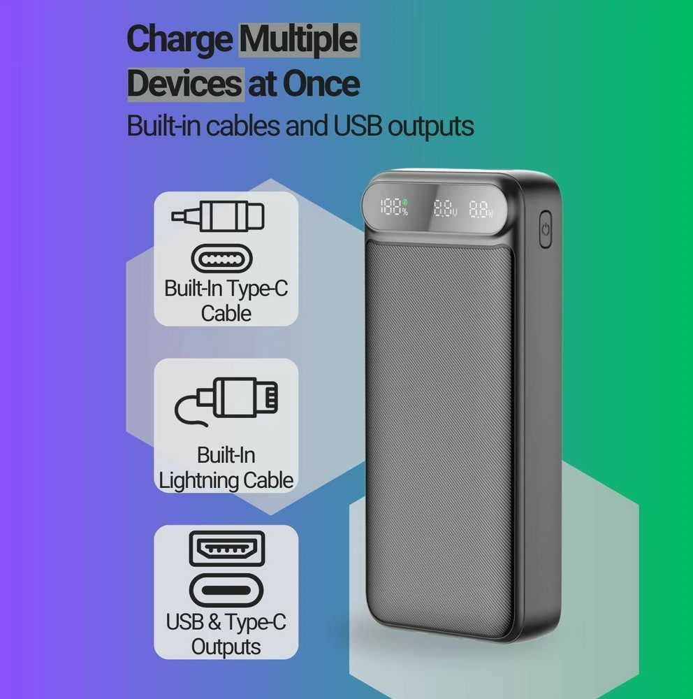 Greitojo įkrovimo išorinė baterija FIT2 K52-6 20000mAh 22.5W su įmontuotais kabeliais, juoda