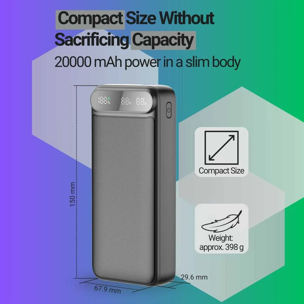 Greitojo įkrovimo išorinė baterija FIT2 K52-6 20000mAh 22.5W su įmontuotais kabeliais, juoda