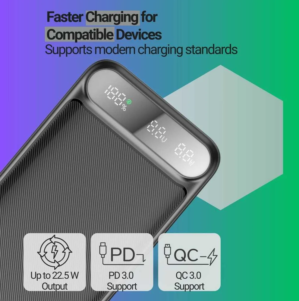 Greitojo įkrovimo išorinė baterija FIT2 K52-6 20000mAh 22.5W su įmontuotais kabeliais, juoda