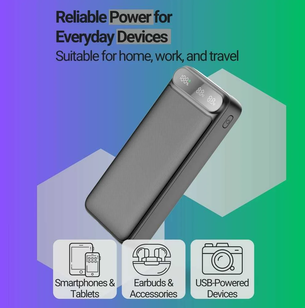 Greitojo įkrovimo išorinė baterija FIT2 K52-6 20000mAh 22.5W su įmontuotais kabeliais, juoda