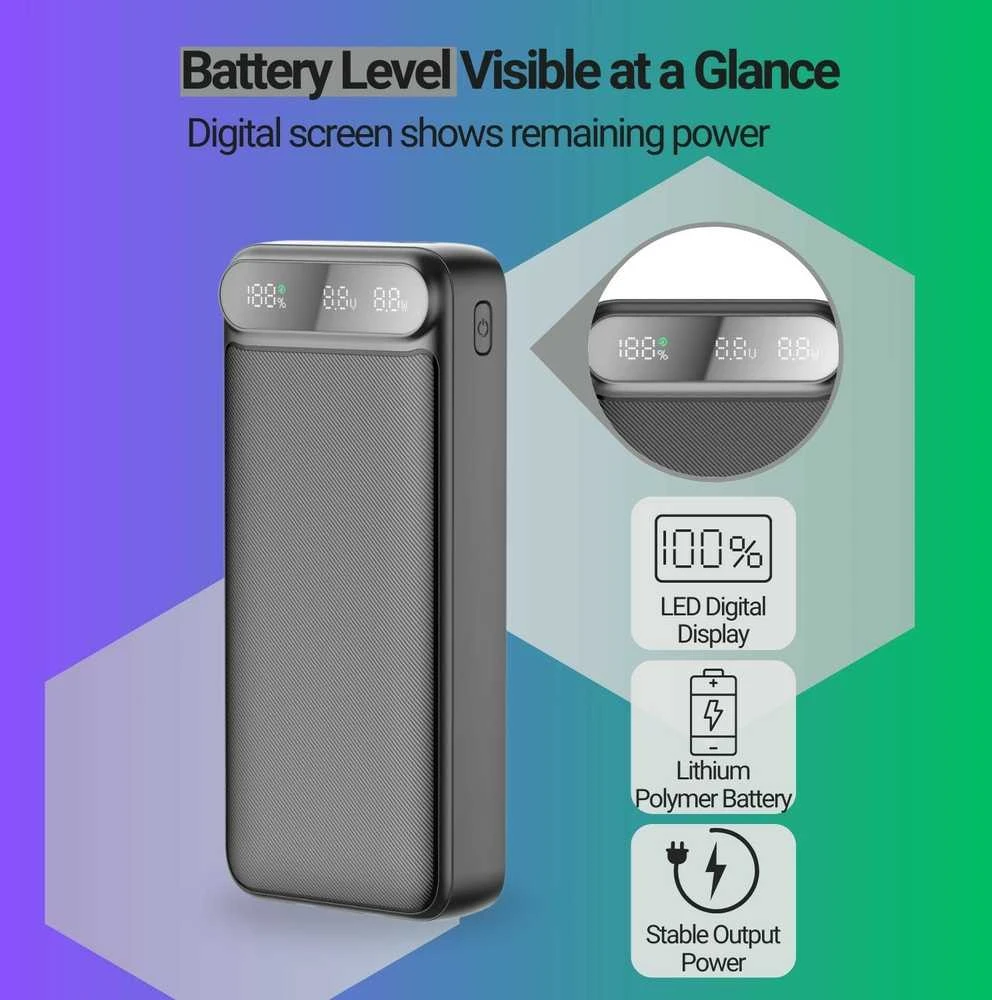 Greitojo įkrovimo išorinė baterija FIT2 K52-6 20000mAh 22.5W su įmontuotais kabeliais, juoda