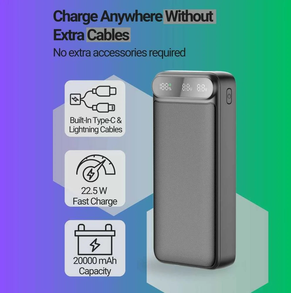 Greitojo įkrovimo išorinė baterija FIT2 K52-6 20000mAh 22.5W su įmontuotais kabeliais, juoda