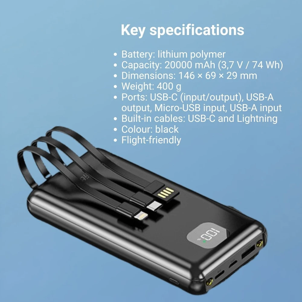 Išorinė baterija FIT2 DX100 20000 mAh, 22.5W greitas įkrovimas