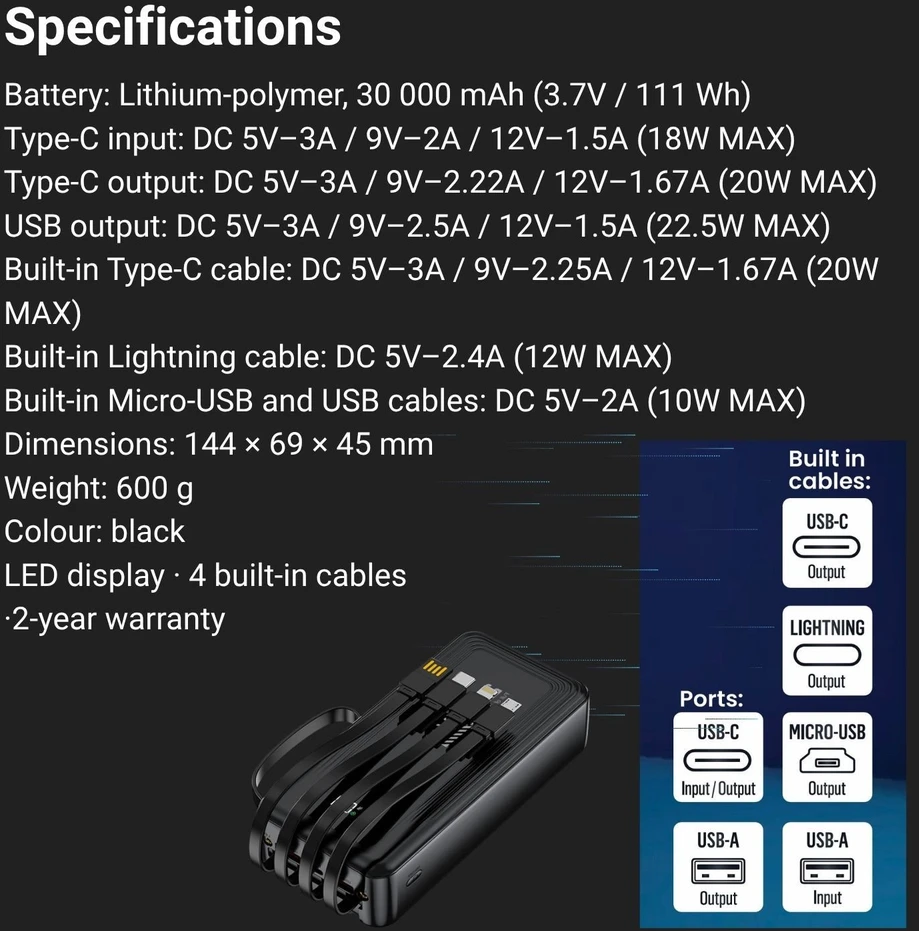 Išorinė baterija FIT2 DX503 30000 mAh, 22.5W greitas įkrovimas