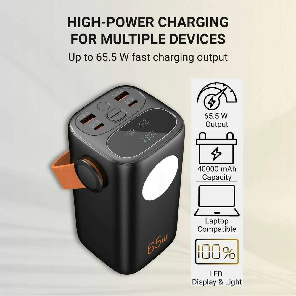 Greitojo įkrovimo išorinė baterija FIT2 PRO C40 40000mAh 65W PD su LED ekranu ir šviesa, juoda