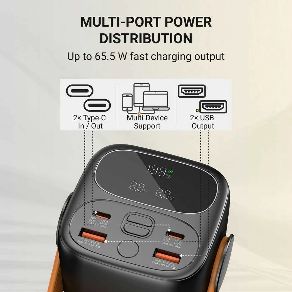 Greitojo įkrovimo išorinė baterija FIT2 PRO C40 40000mAh 65W PD su LED ekranu ir šviesa, juoda