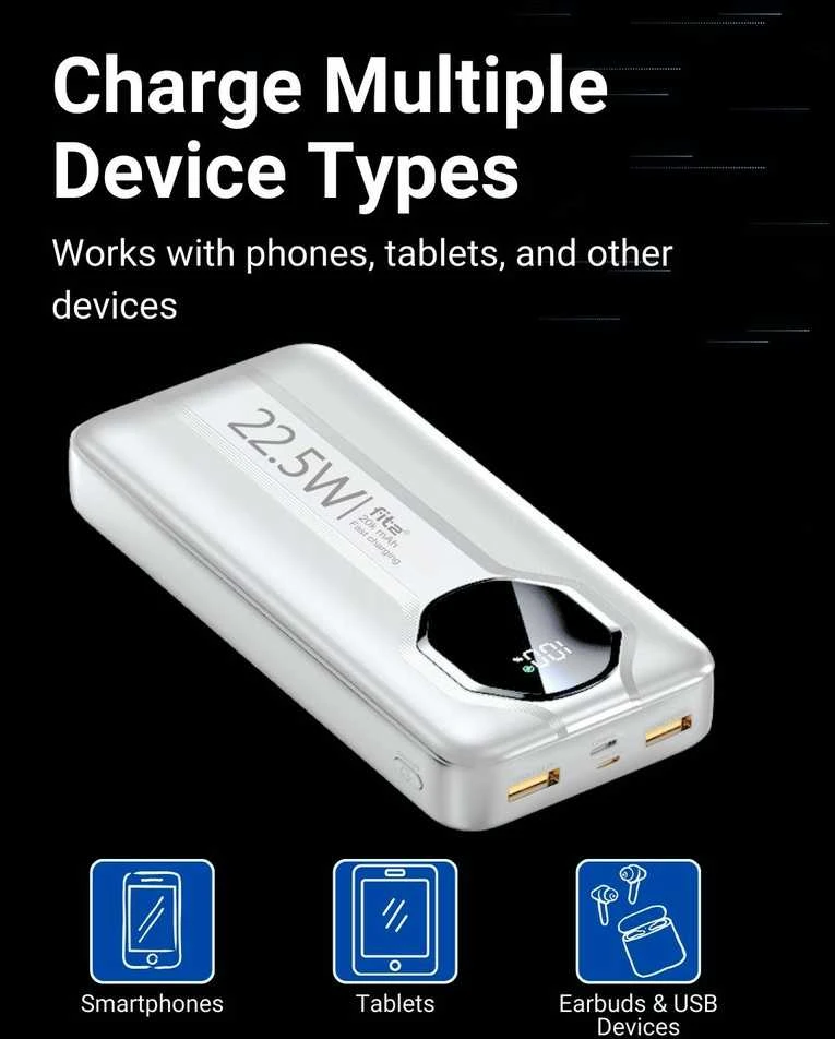 Greitojo įkrovimo išorinė baterija FIT2 Y1240 20000mAh 22.5W PD su LED ekranu, balta