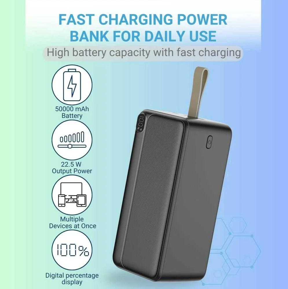 Greitojo įkrovimo išorinė baterija FIT2 K55 50000mAh 22.5W PD+QC su LED ekranu, juoda