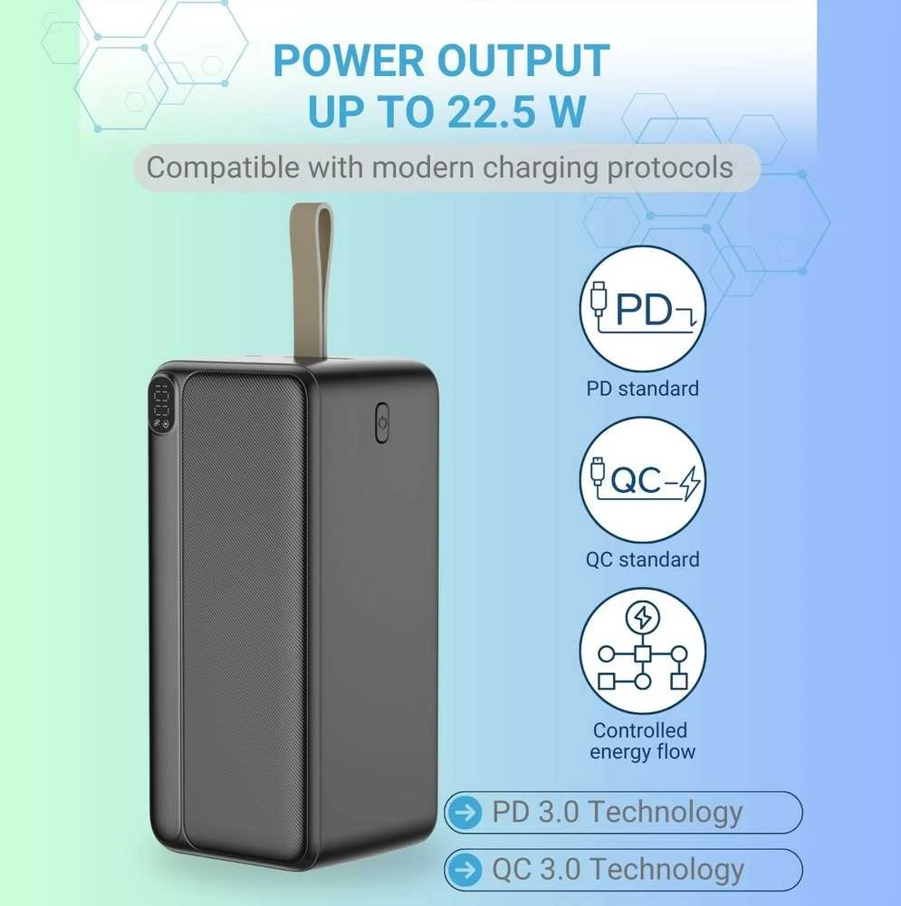 Greitojo įkrovimo išorinė baterija FIT2 K55 50000mAh 22.5W PD+QC su LED ekranu, juoda