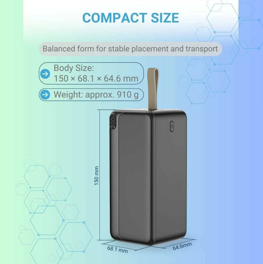 Greitojo įkrovimo išorinė baterija FIT2 K55 50000mAh 22.5W PD+QC su LED ekranu, juoda