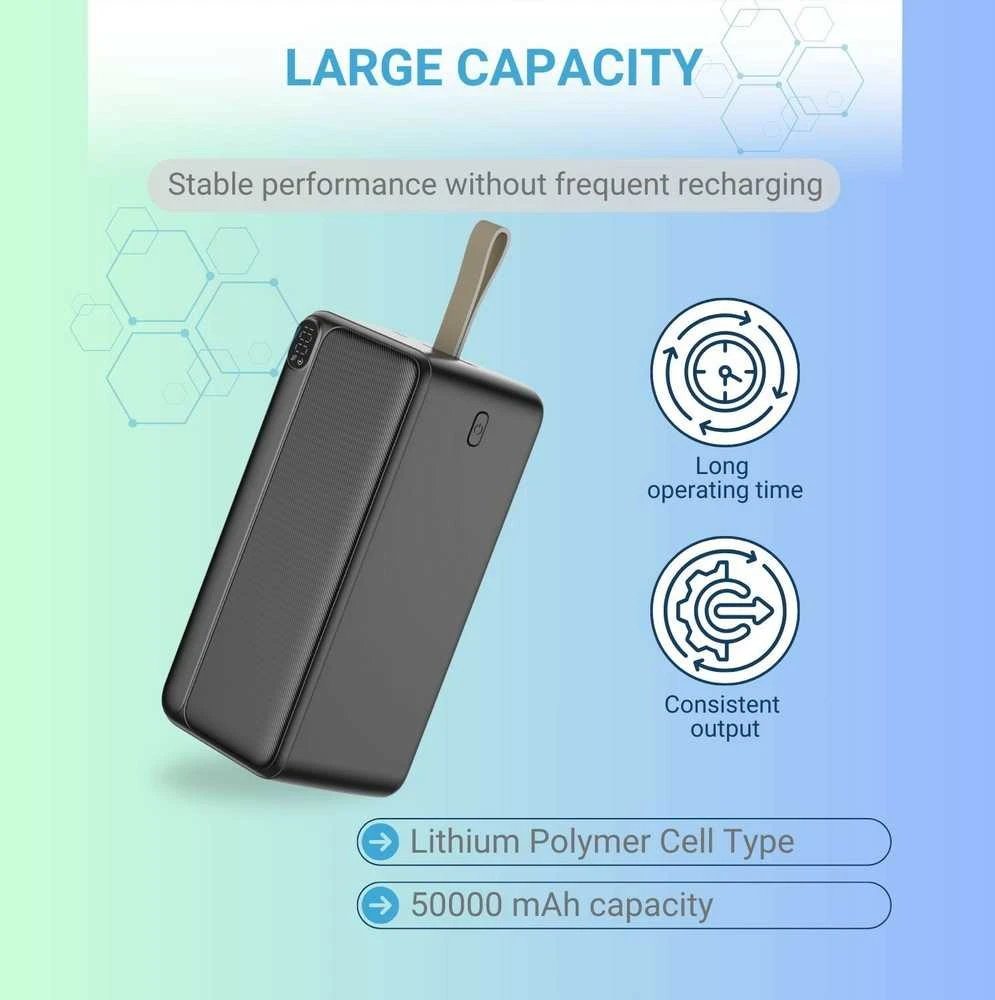 Greitojo įkrovimo išorinė baterija FIT2 K55 50000mAh 22.5W PD+QC su LED ekranu, juoda