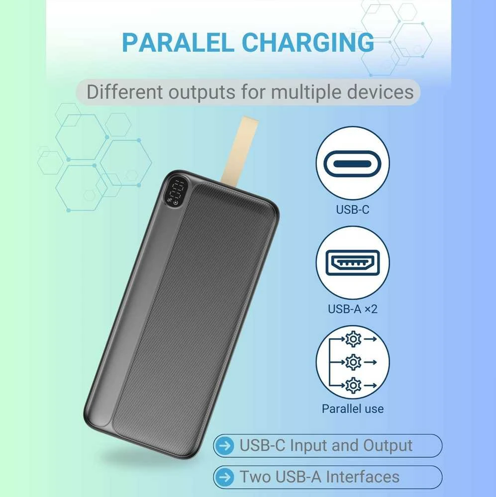 Greitojo įkrovimo išorinė baterija FIT2 K55 50000mAh 22.5W PD+QC su LED ekranu, juoda
