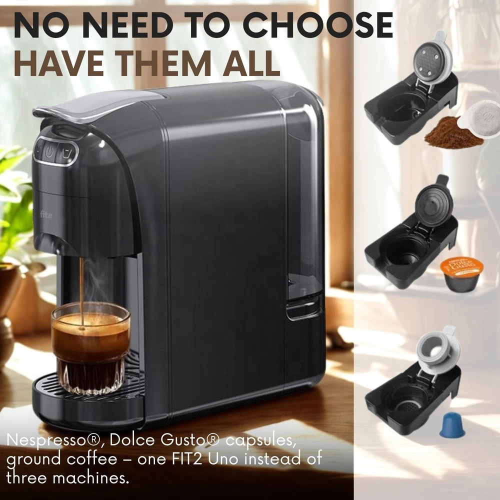 Kapsulinis kavos aparatas FIT2 Uno 3-in-1 Nespresso, Dolce Gusto ir malta kava, 20 barų, 1400 W, 700 ml