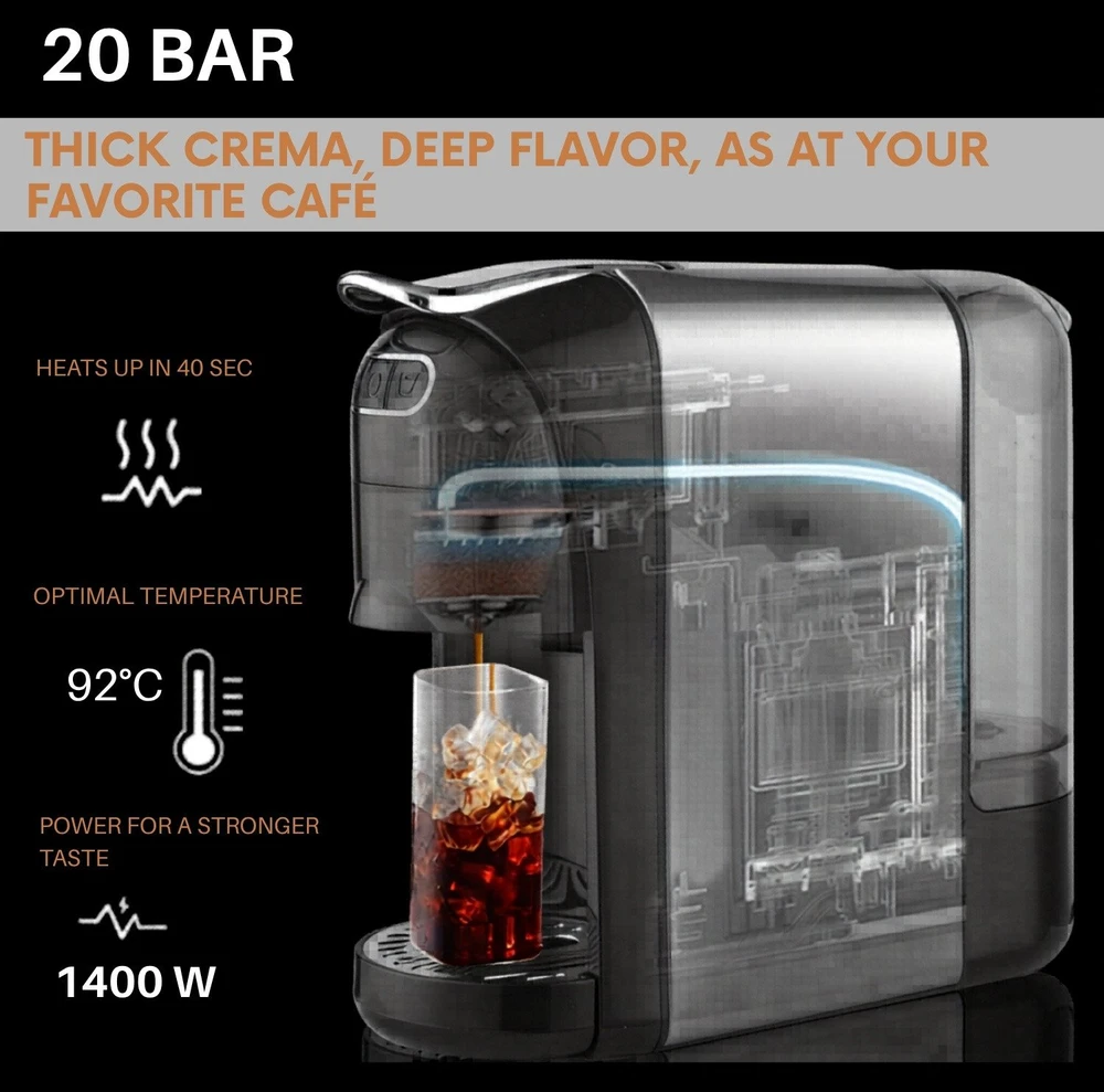 Kapsulinis kavos aparatas FIT2 Uno 3-in-1 Nespresso, Dolce Gusto ir malta kava, 20 barų, 1400 W, 700 ml