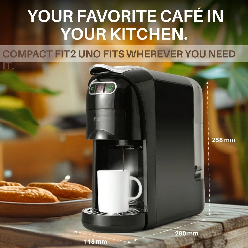 Kapsulinis kavos aparatas FIT2 Uno 3-in-1 Nespresso, Dolce Gusto ir malta kava, 20 barų, 1400 W, 700 ml