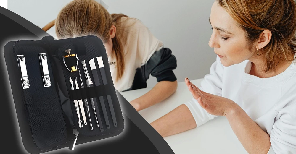 Zestaw Rinkinys 8 viename rinkinys: nagų kirpimo žirklutės įaugusioms odelėms kirpti, žnyplės, dėklas