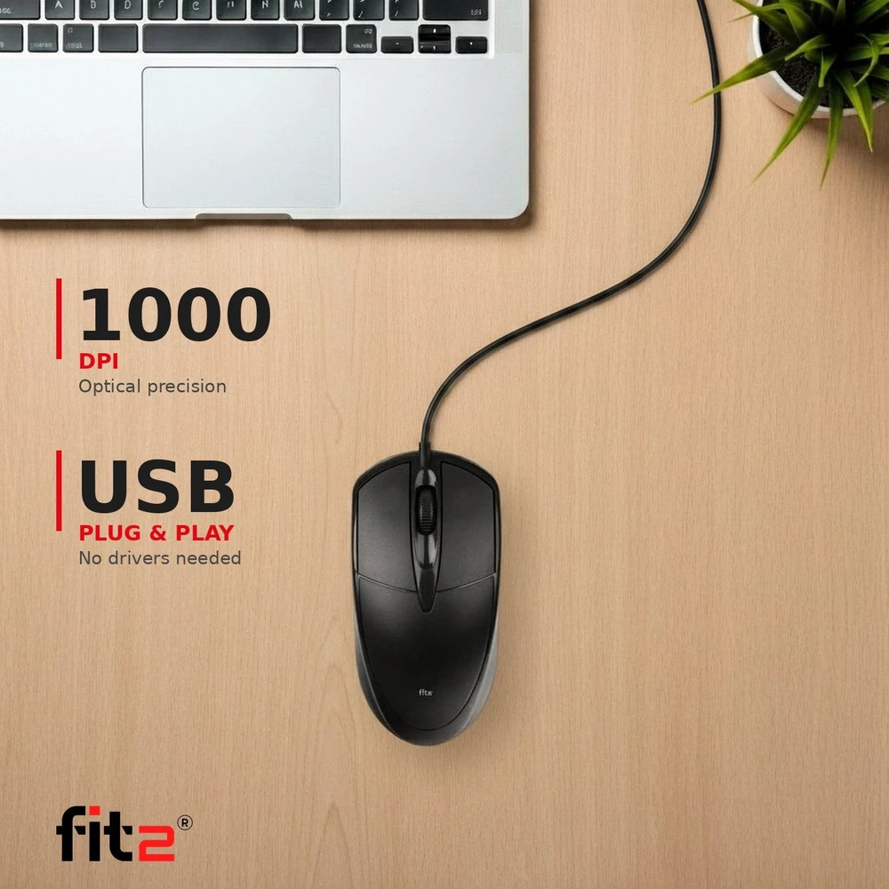 Optinė pelė su laidu FIT2 M2, USB, 1000 DPI, juoda