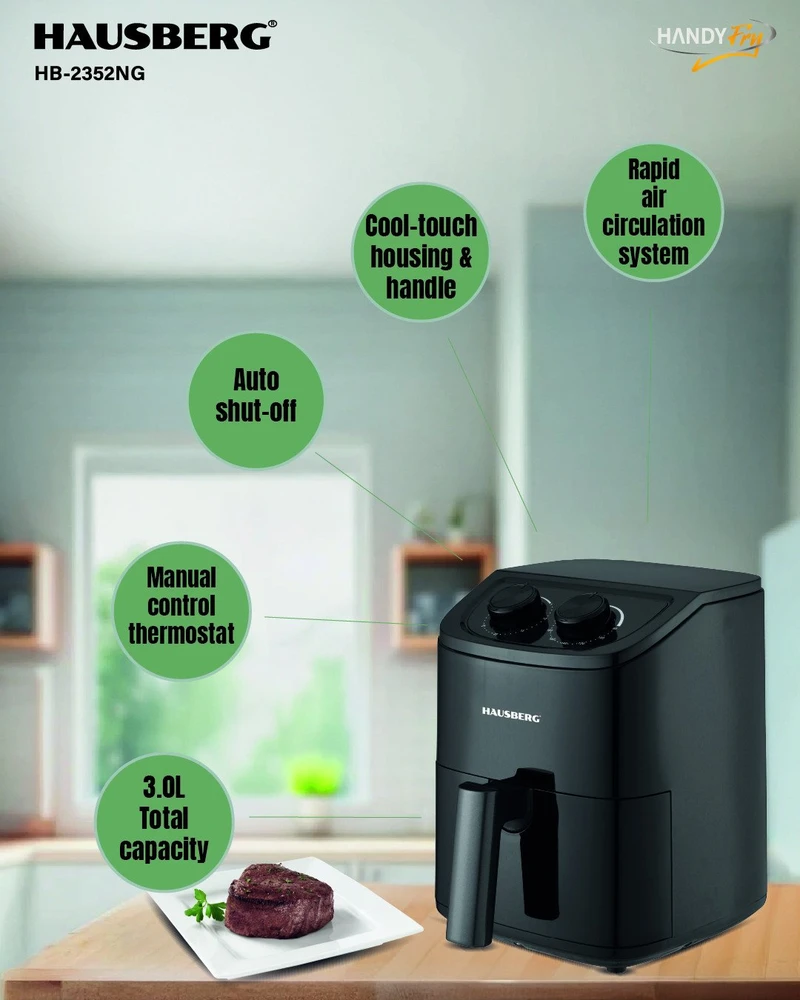 Oro gruzdintuvė Hausberg HB-2352NG, 3L, 1200 W, juoda