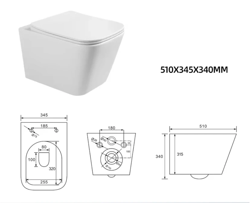 Pakabinamas kvadratinis klozetas be apvado FIT2 7004, 510 mm, su lėto nusileidimo dangčiu, dvigubas nuleidimas 3/6 L, suderinama