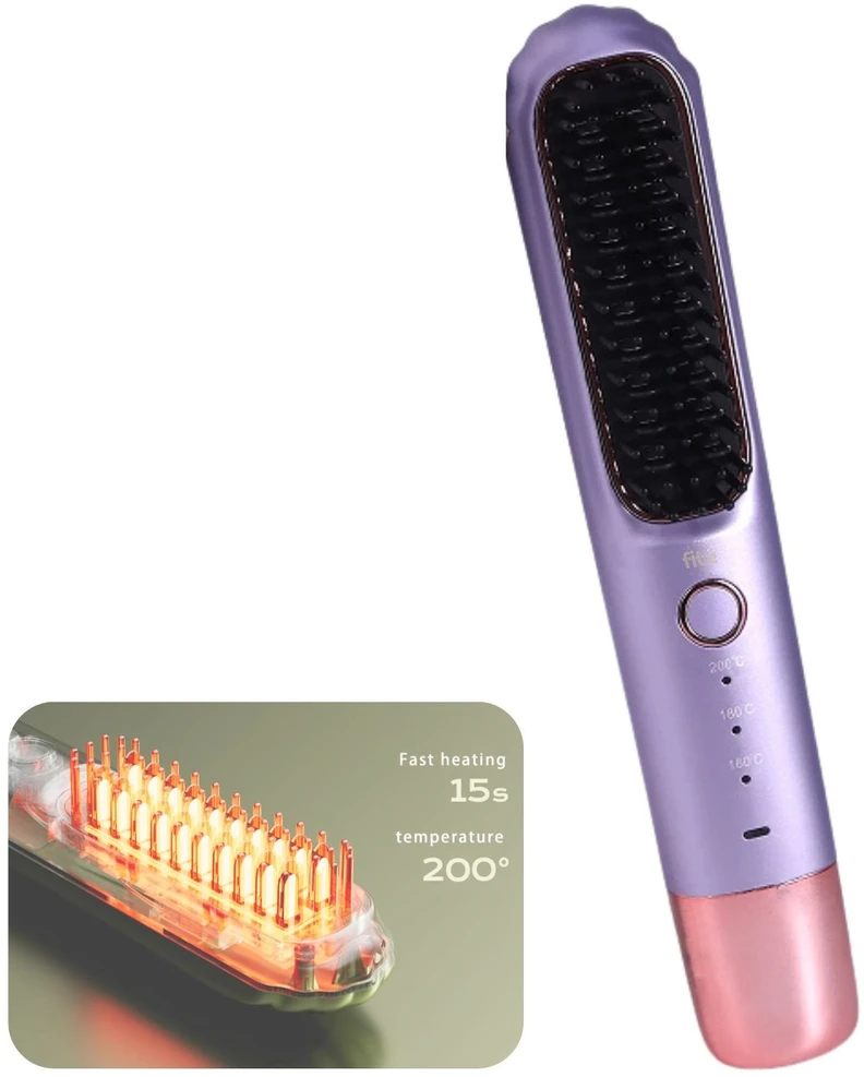 Plaukų tiesinimo šepetys FIT2 FITLC702, 3 temperatūros 160-220°C, įkaista per 15 s, 4000 mAh USB-C, violetinis