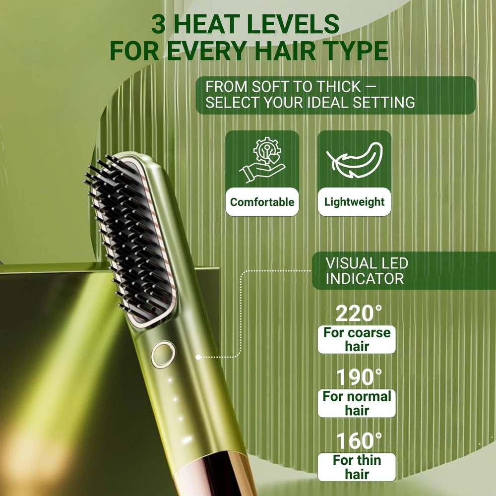 Plaukų tiesinimo šepetys FIT2 FITLC702, 3 temperatūros 160-220°C, įkaista per 15 s, 4000 mAh USB-C, žalias