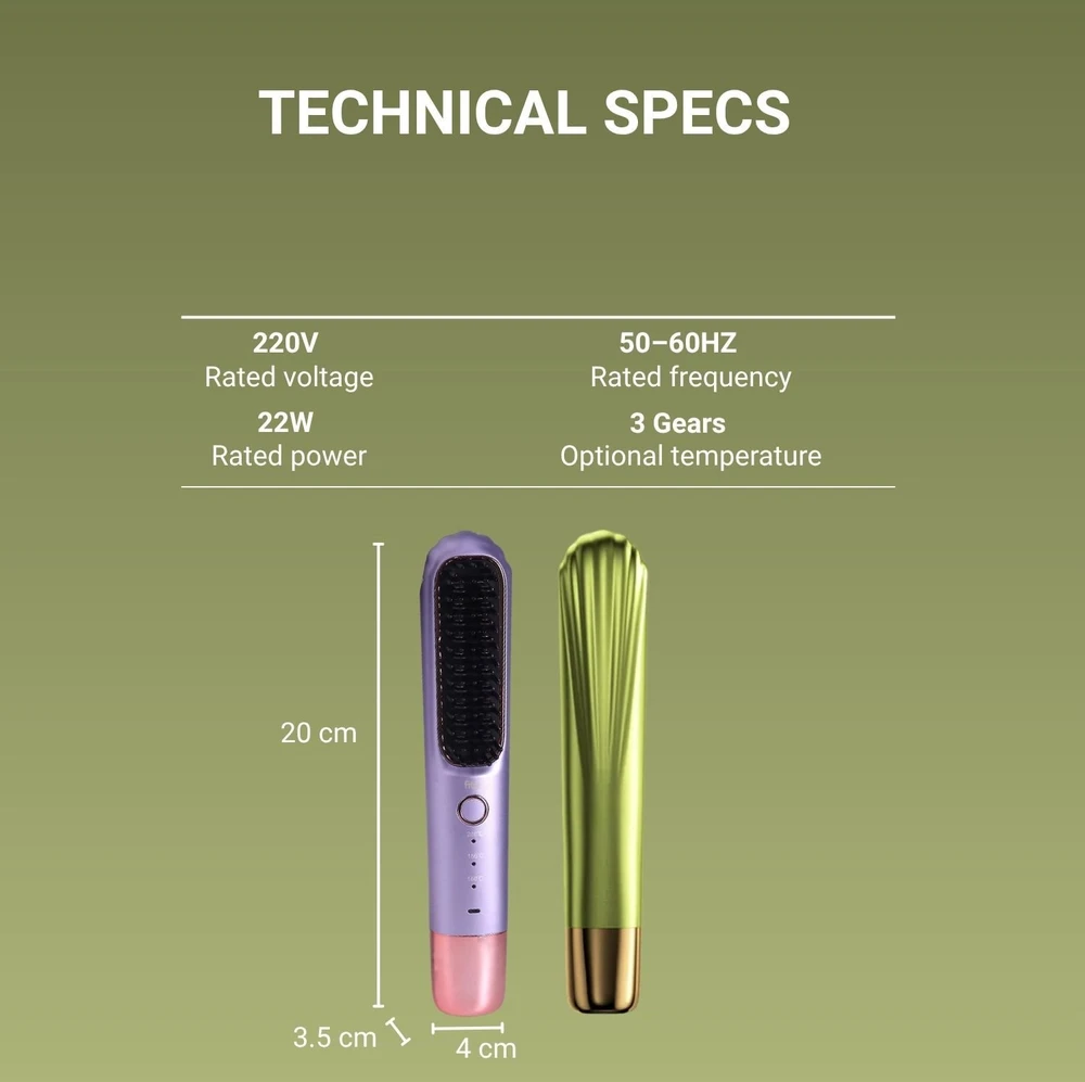 Plaukų tiesinimo šepetys FIT2 FITLC702, 3 temperatūros 160-220°C, įkaista per 15 s, 4000 mAh USB-C, violetinis