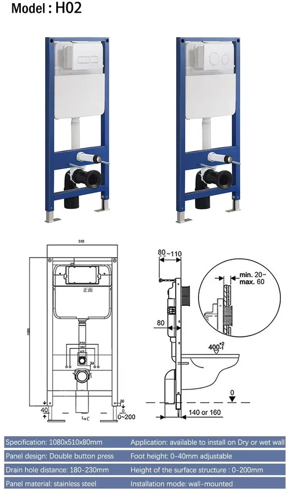 Potinkinis WC rėmas su bakeliu pakabinamiems klozetams FIT2 H02, 1080×510×80 mm, su dvigubo nuleidimo mygtuku