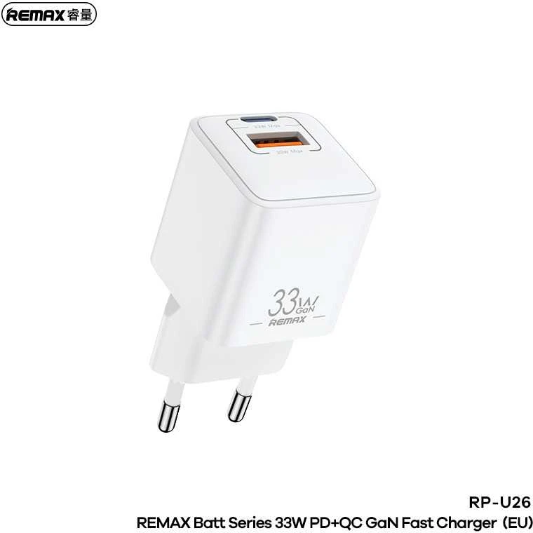 REMAX SIENINIS ĮKROVIKLIS BATT SERIES PD QC 33W RP-U26 1xUSB + 1xUSB-C Baltas