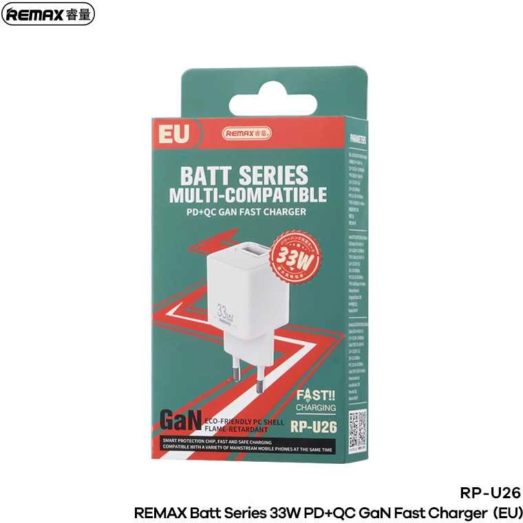 REMAX SIENINIS ĮKROVIKLIS BATT SERIES PD QC 33W RP-U26 1xUSB + 1xUSB-C Baltas