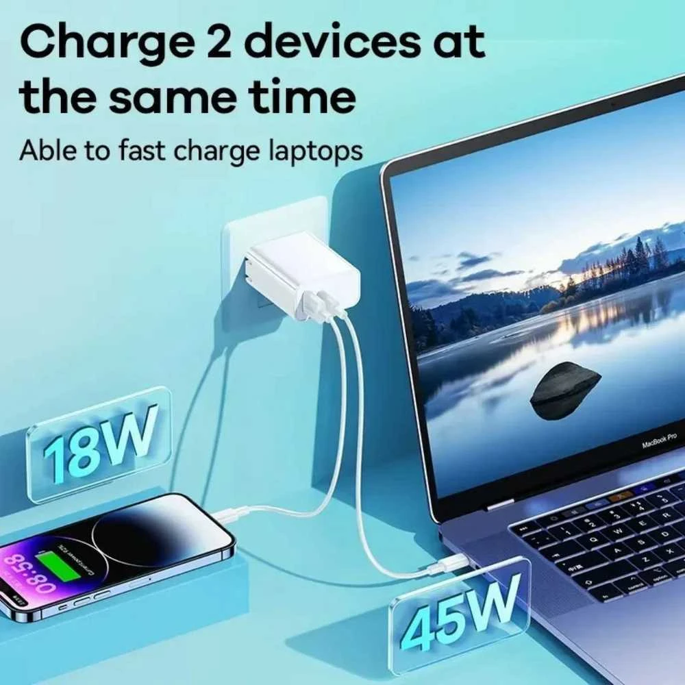 Tinklo įkroviklis 65W USB + USB-C Remax Kiddy Series RP-U125 baltos spalvos