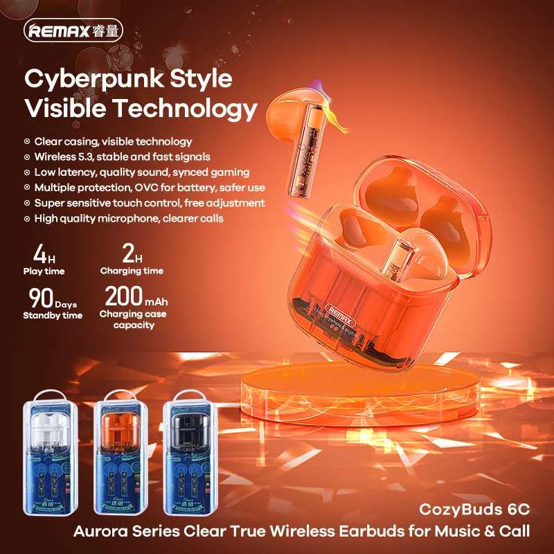 Belaidės TWS ausinės REMAX CozyBuds 6C Clear Bluetooth 5.3 ENC IPX4: Spalva - Oranžinė