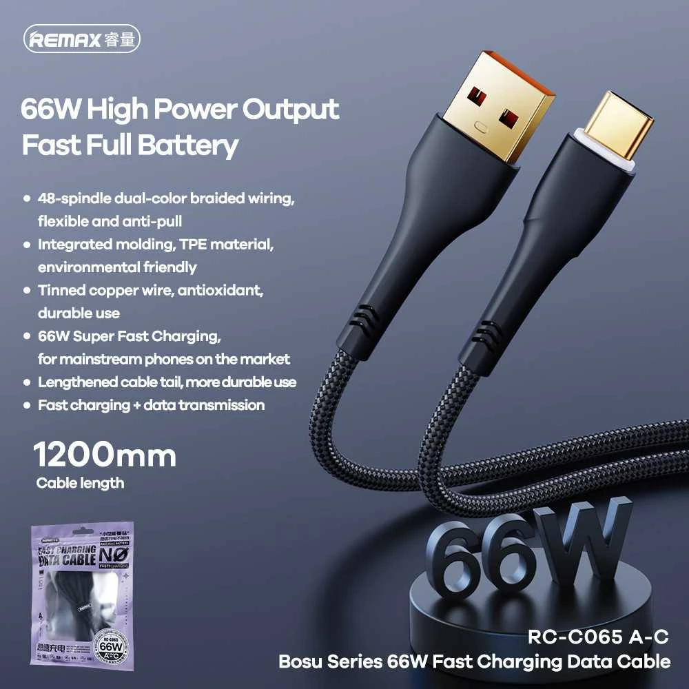 Greito įkrovimo kabelis REMAX RC-C065 66W USB-A į USB-C, 1.2m, juodas