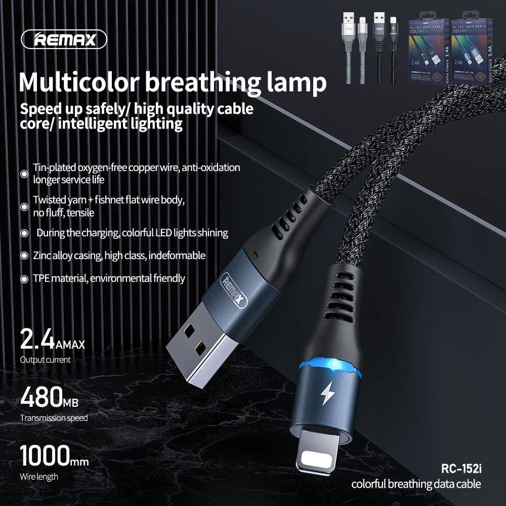 REMAX Colorful Light 2.4A duomenų perdavimo kabelis RC-152i (USB - iPhone): Spalva - Sidabrinė