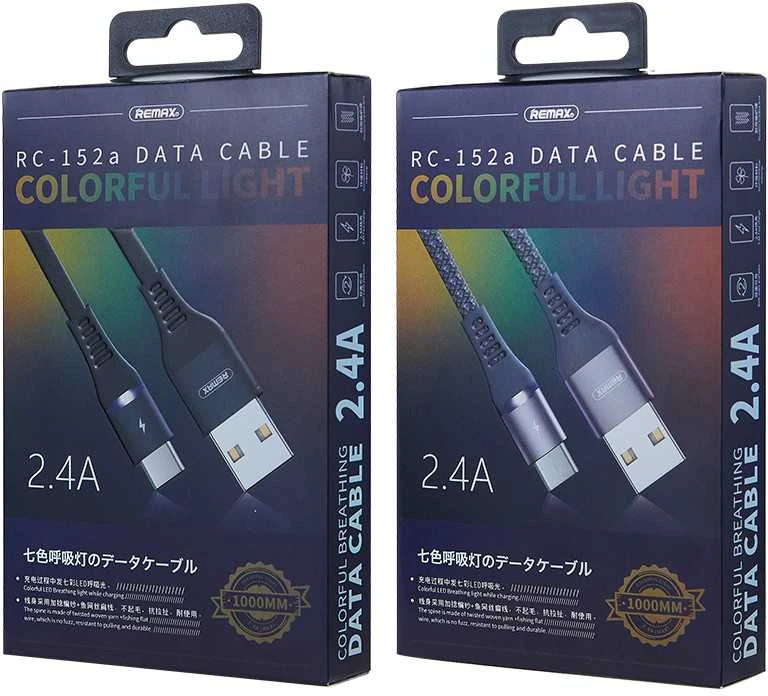 USB-C Remax Colorful Light laidas, 1 m, 2.4 A (juodas)