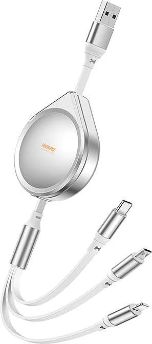 REMAX Drip Series 15W ištraukiamas 3-in-1 greitojo įkrovimo kabelis RC-C018 (USB to iPhone, Type C, Micro): Spalva - Sidabrinė