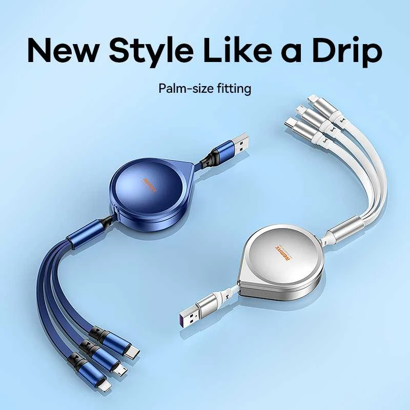 REMAX Drip Series 15W ištraukiamas 3-in-1 greitojo įkrovimo kabelis RC-C018 (USB to iPhone, Type C, Micro): Spalva - Sidabrinė