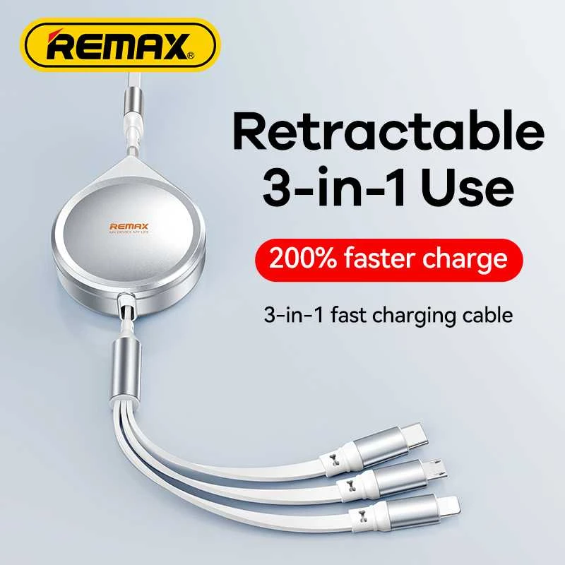 REMAX Drip Series 15W ištraukiamas 3-in-1 greitojo įkrovimo kabelis RC-C018 (USB to iPhone, Type C, Micro): Spalva - Sidabrinė