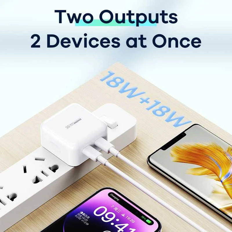 Sieninis įkroviklis REMAX RP-U87 35W PD+QC GaN 2×USB-C, greitas