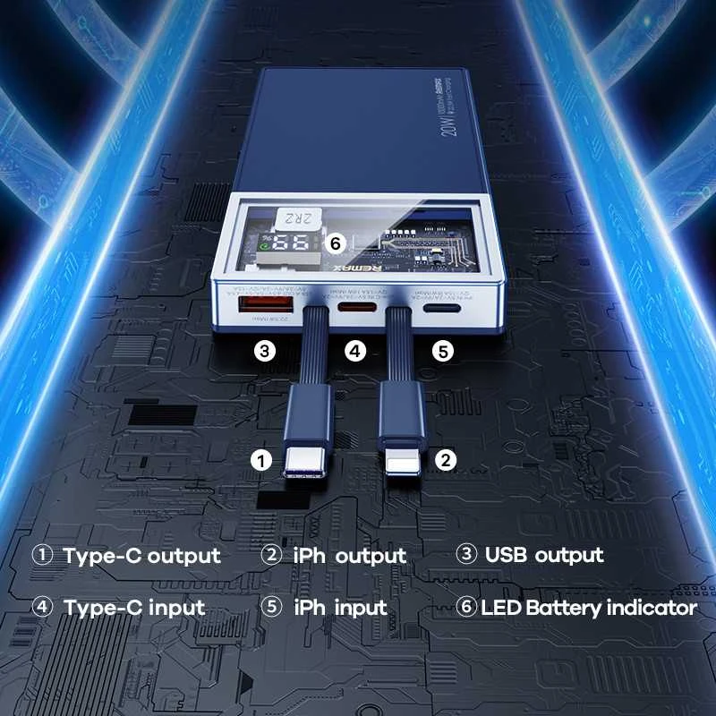 Išorinė baterija (Powerbank) REMAX RPP-507 10000mAh su įmontuotais Type-C ir Lightning kabeliais, juoda: Spalva - Rožinė