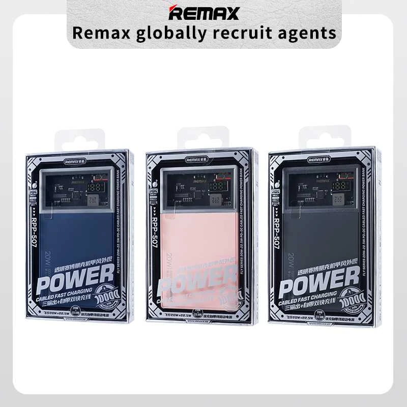 Išorinė baterija (Powerbank) REMAX RPP-507 10000mAh su įmontuotais Type-C ir Lightning kabeliais, juoda: Spalva - Rožinė