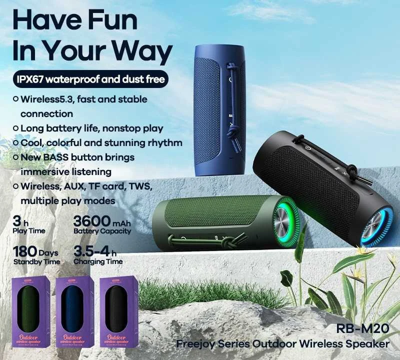 Lauko belaidis garsiakalbis REMAX Freejoy RB-M20 IPX67 Bluetooth 5.3 su Bass Boost: Spalva - Mėlyna