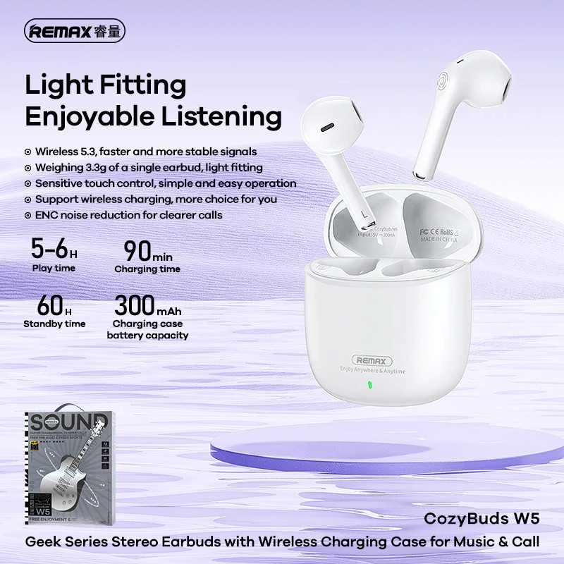 Belaidės TWS ausinės REMAX CozyBuds W5 Bluetooth 5.3 su belaidžiu įkrovimo dėklu: Spalva - Balta