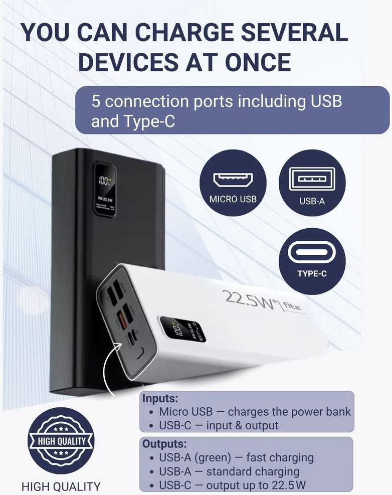 Remax Greitojo įkrovimo išorinė baterija FIT2 K9 30000mAh 22.5W PD su 4×USB ir Type-C, juoda