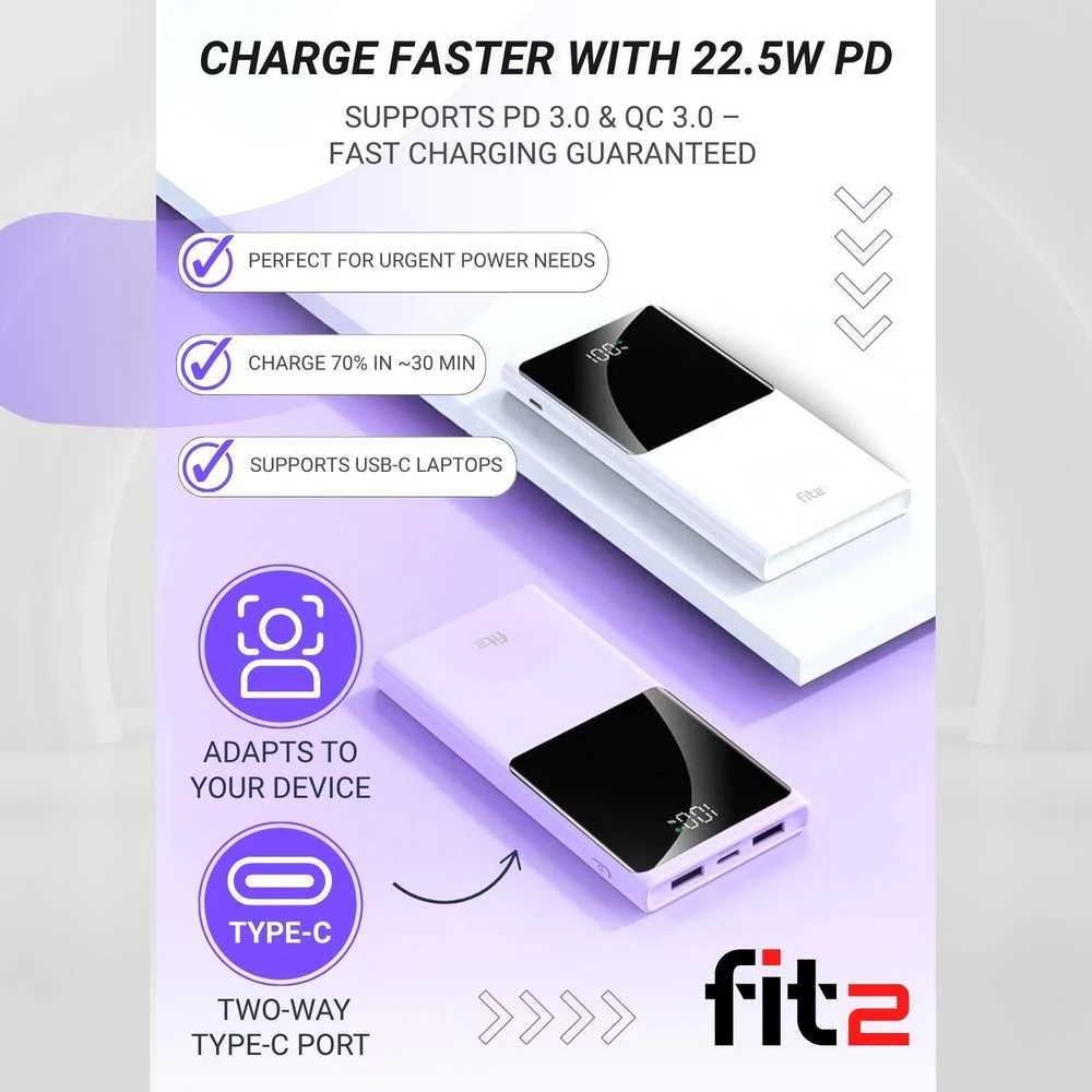 Remax Plona greitojo įkrovimo išorinė baterija FIT2 K10 10000mAh 22.5W PD, violetinė