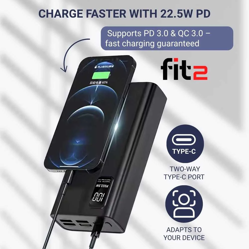 Remax Greitojo įkrovimo išorinė baterija FIT2 K9 30000mAh 22.5W PD su 4×USB ir Type-C, juoda