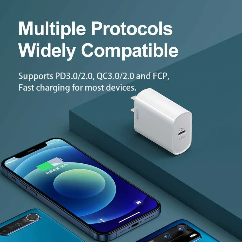 Sieninis įkroviklis Remax, RP-U70, USB-C, 20W (baltas)