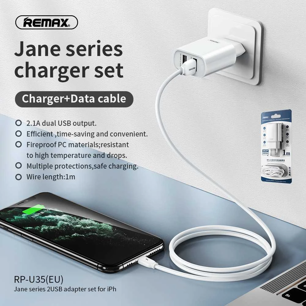 Sieninio įkroviklio rinkinys REMAX RP-U35 2.1A 2×USB su Lightning kabeliu, JAV kištukas