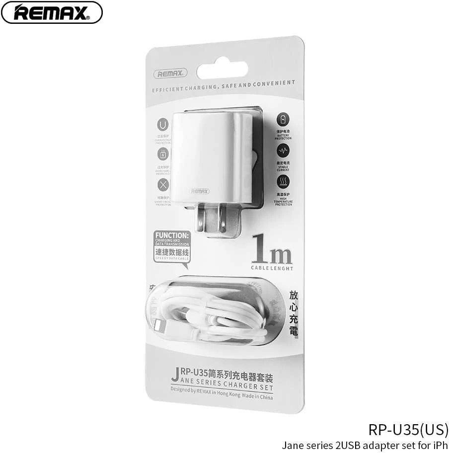 Sieninio įkroviklio rinkinys REMAX RP-U35 2.1A 2×USB su Lightning kabeliu, JAV kištukas