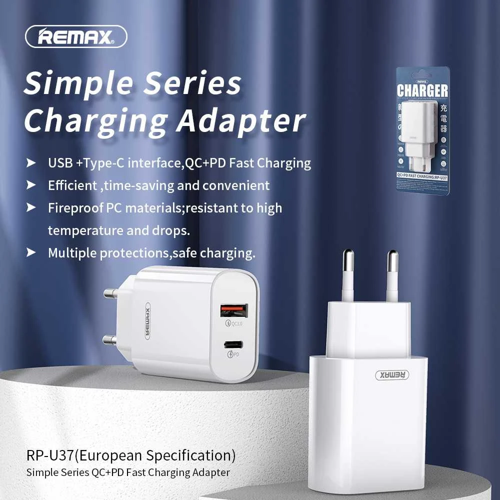 Remax RP-U37 sieninis įkroviklis USB - USB-C 18W - Baltas